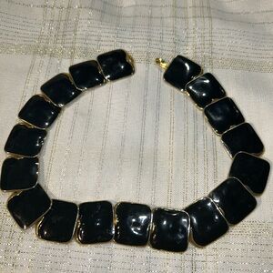 Elegant Black Enamel and Gold Tone Chunky Necklace.